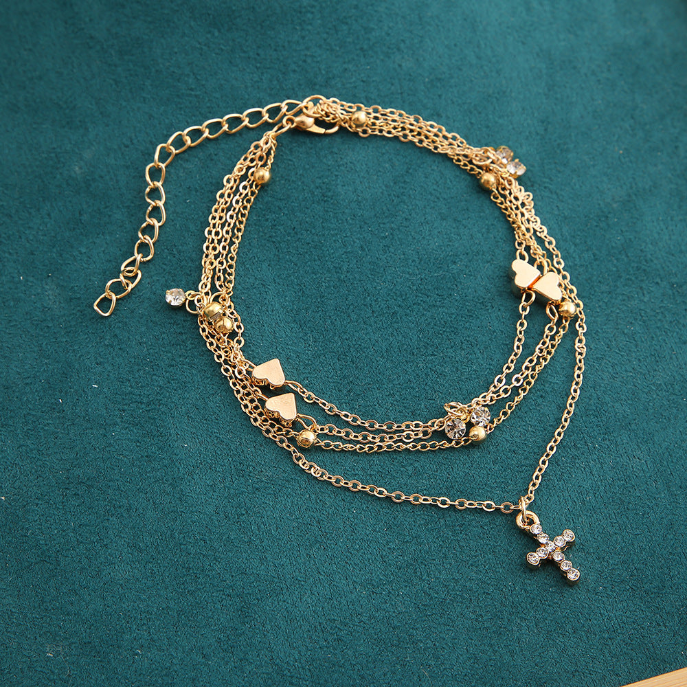 Wholesale Hot Selling Creative Diamond-encrusted Multi-layer Love Beach Anklet